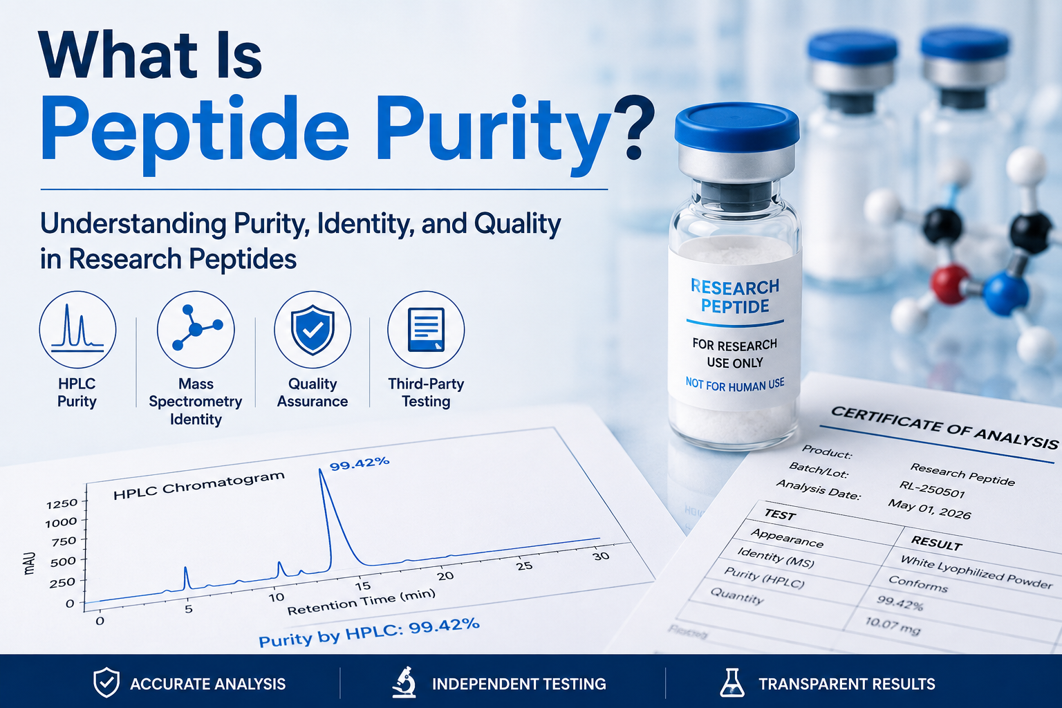 Infographie sur la pureté des peptides montrant la compréhension de la pureté, l’identité et la qualité