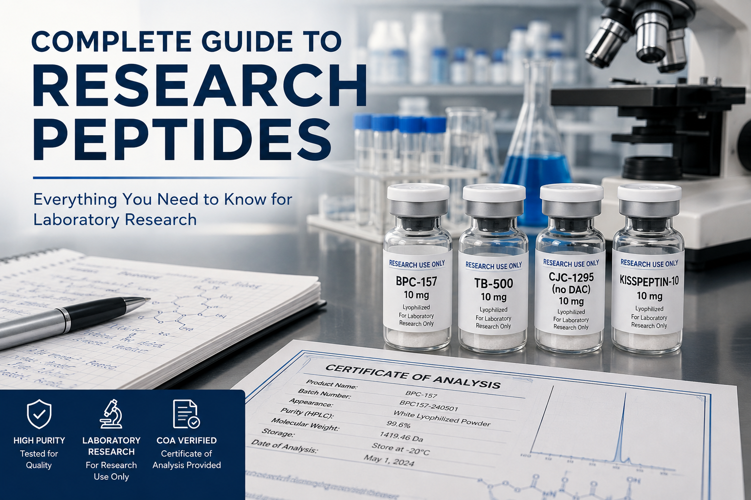 Complete guide to research peptides with laboratory equipment, peptide vials, and Certificate of Analysis (COA)
