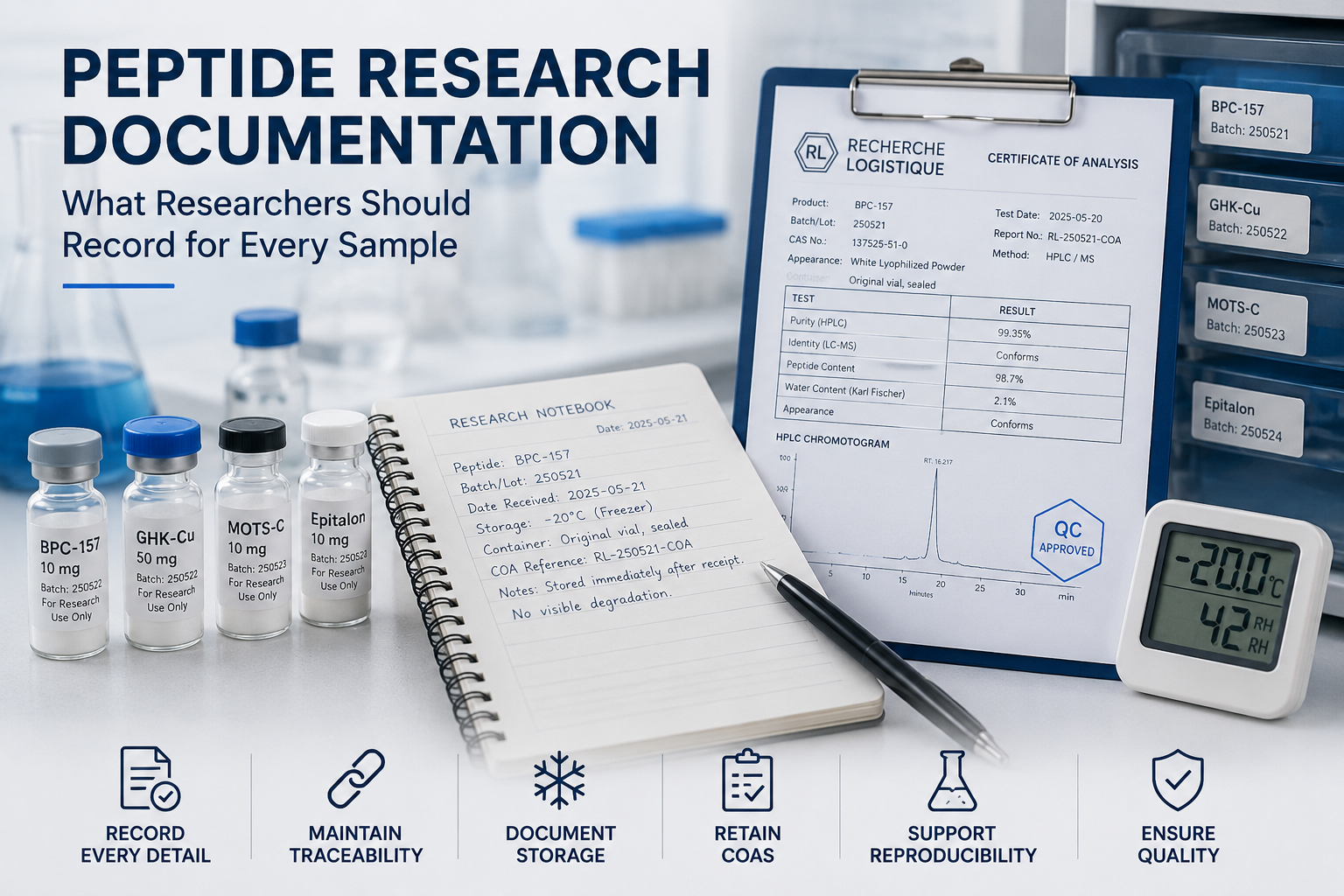 Peptide research documentation showing batch records, Certificates of Analysis, storage conditions and sample traceability