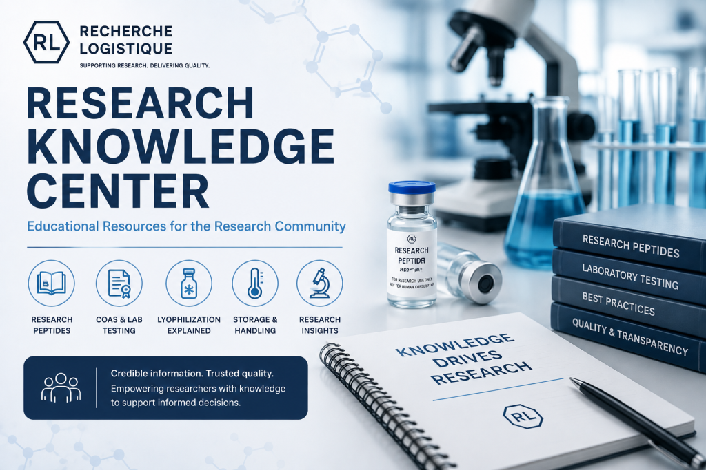 Research Knowledge Center banner featuring laboratory equipment, research peptide resources, COA verification, laboratory testing, lyophilization, storage guidance, and educational research articles by Recherche Logistique.