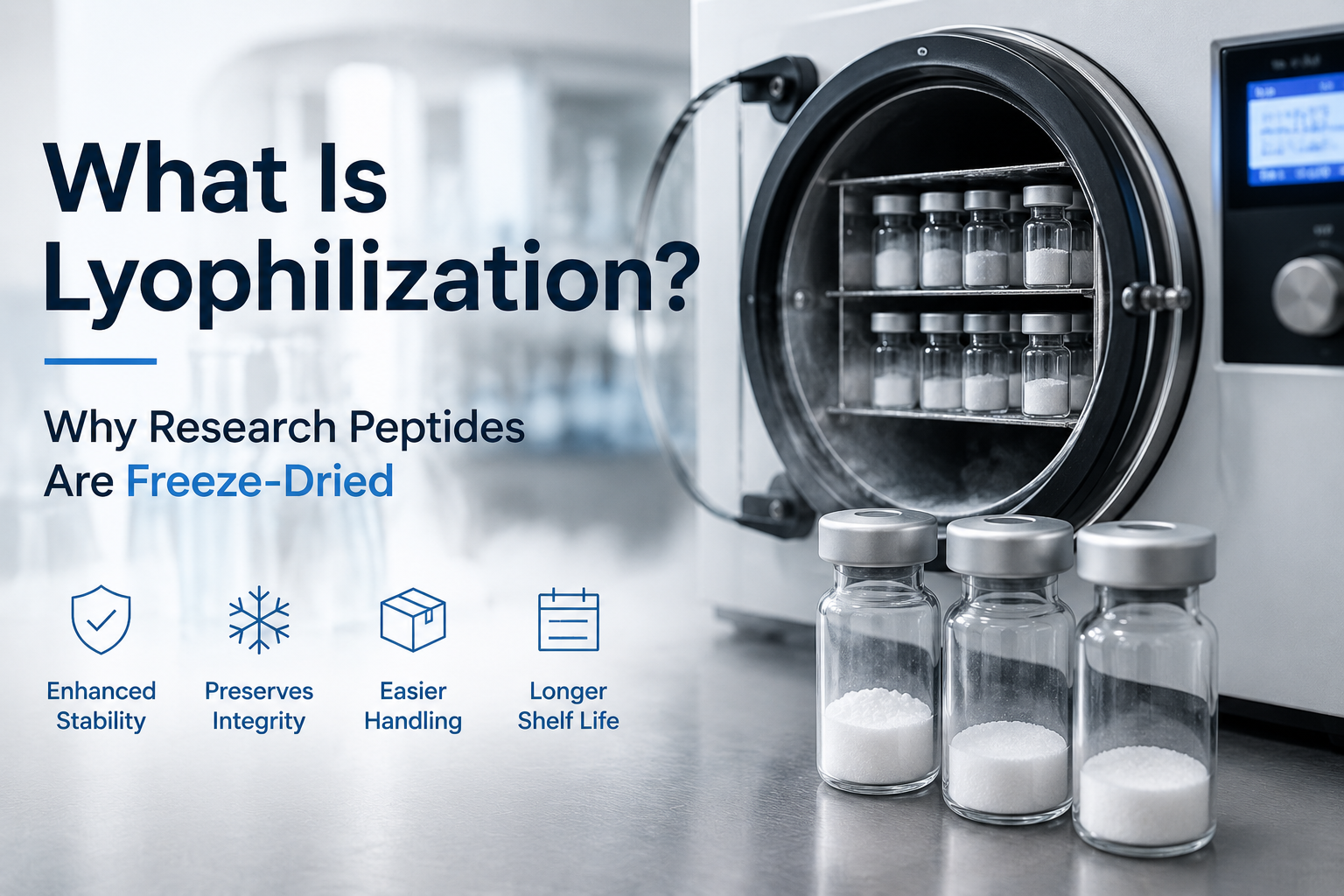 Laboratory freeze dryer with lyophilized research peptide vials.