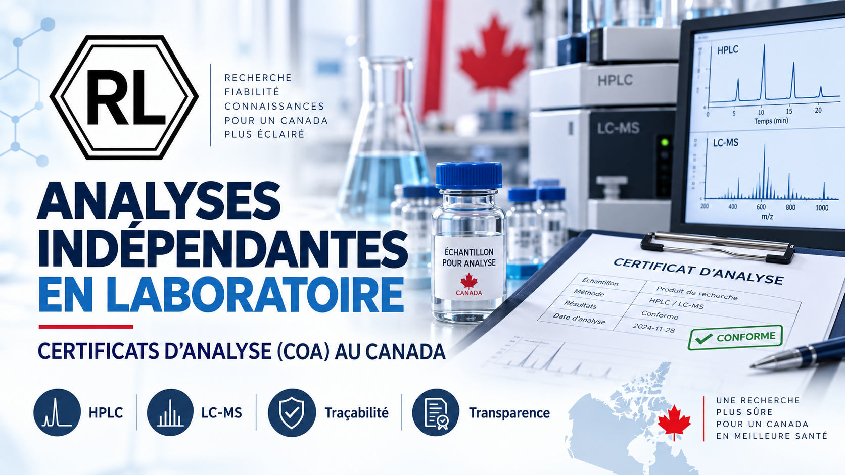 Analyses indépendantes en laboratoire au Canada avec HPLC, LC-MS et certificat d’analyse COA